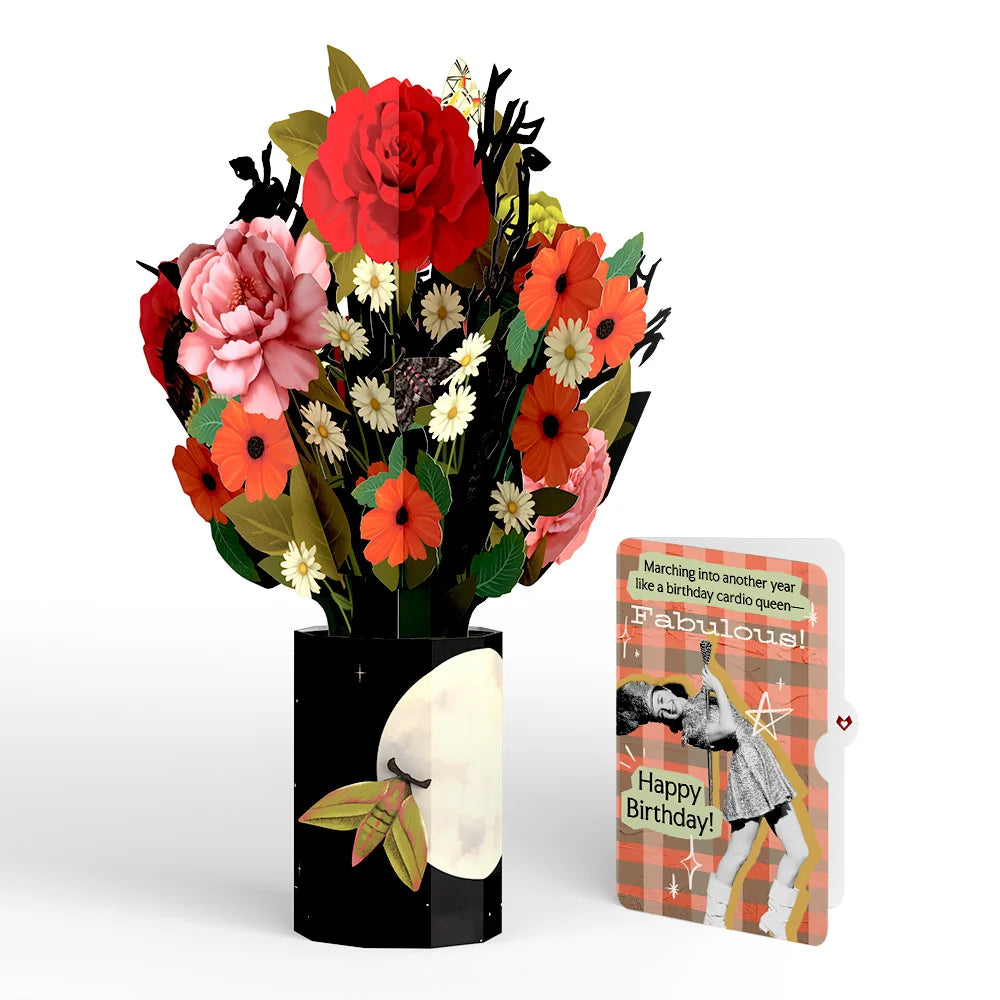 Lovepop Midnight Florals Birthday Bouquet and Cardio Queen Sentiment Set Vase