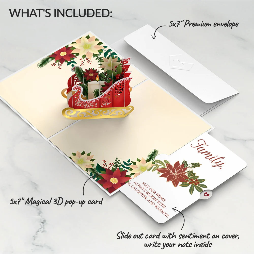 Lovepop Holiday Poinsettia Sleigh Pop-Up Card and Blooming Love Sentiment Set for Family Candle