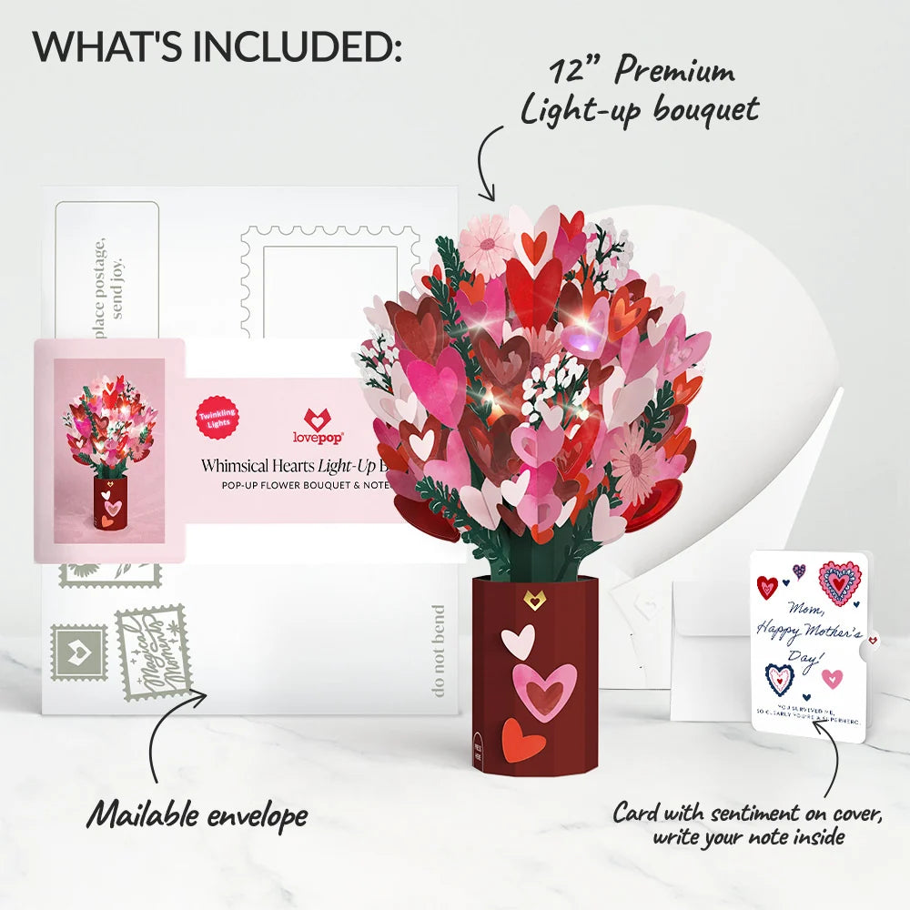 Lovepop Whimsical Hearts Mother’s Day Light-Up Bouquet and Sentiment Set for Mom Vase