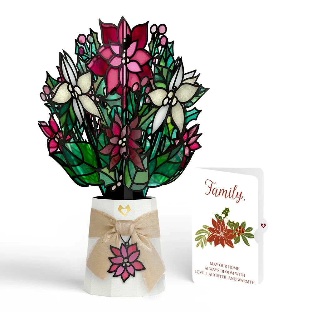 Lovepop Poinsettia Shimmer Christmas Suncatcher Bouquet and Blooming Love Sentiment Set for Family Glass