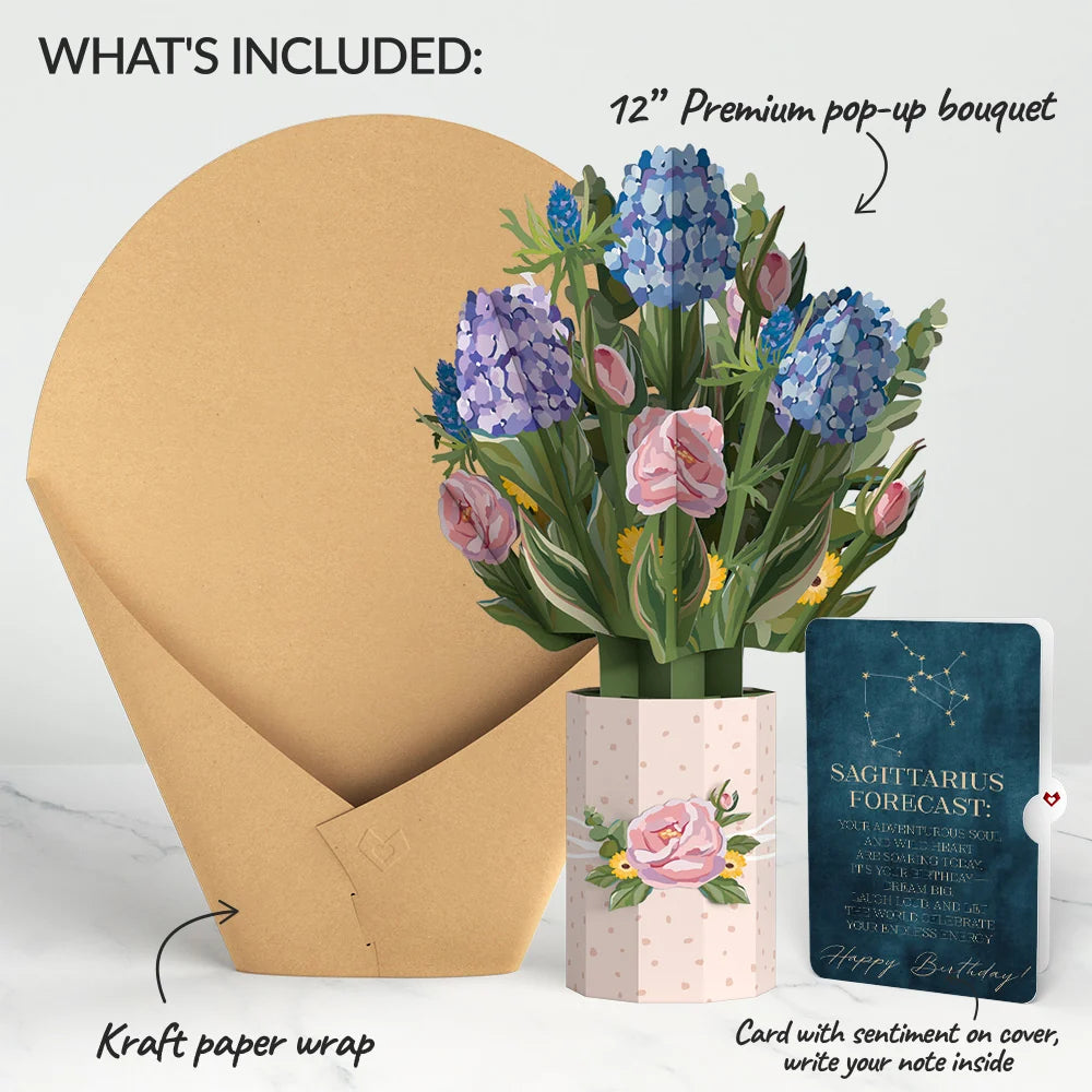 Lovepop Hydrangea Birthday Bouquet and Sagittarius Zodiac Sentiment Set Vase