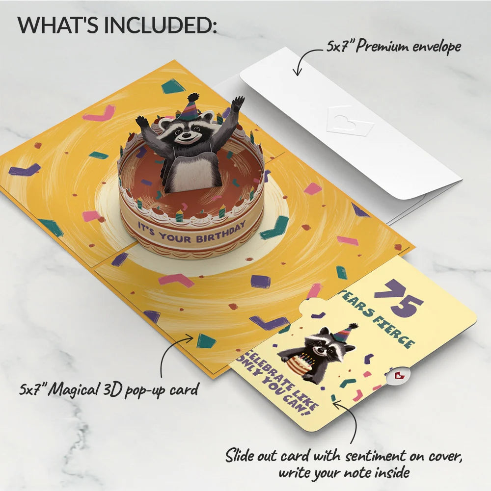 Lovepop Go Feral Raccoon 75th Birthday Pop-Up Card and Sentiment Set Candle
