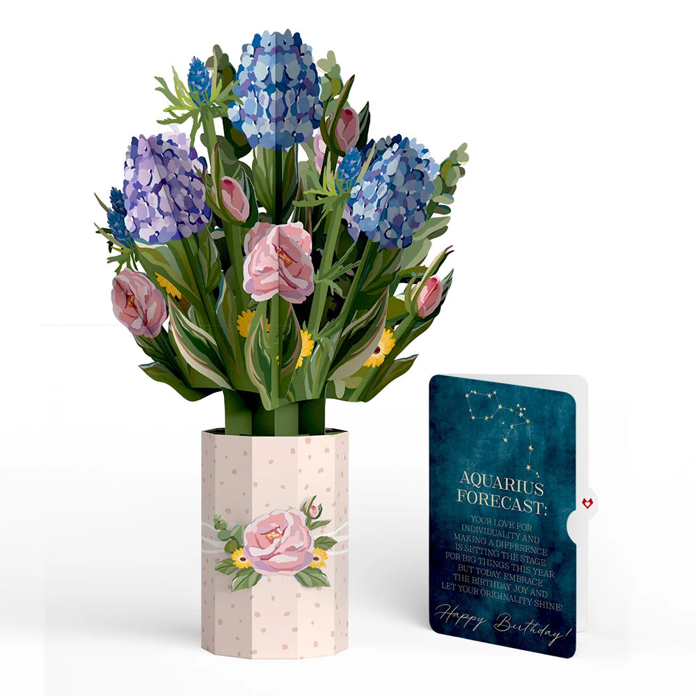 Lovepop Hydrangea Birthday Bouquet and Aquarius Zodiac Sentiment Set Vase