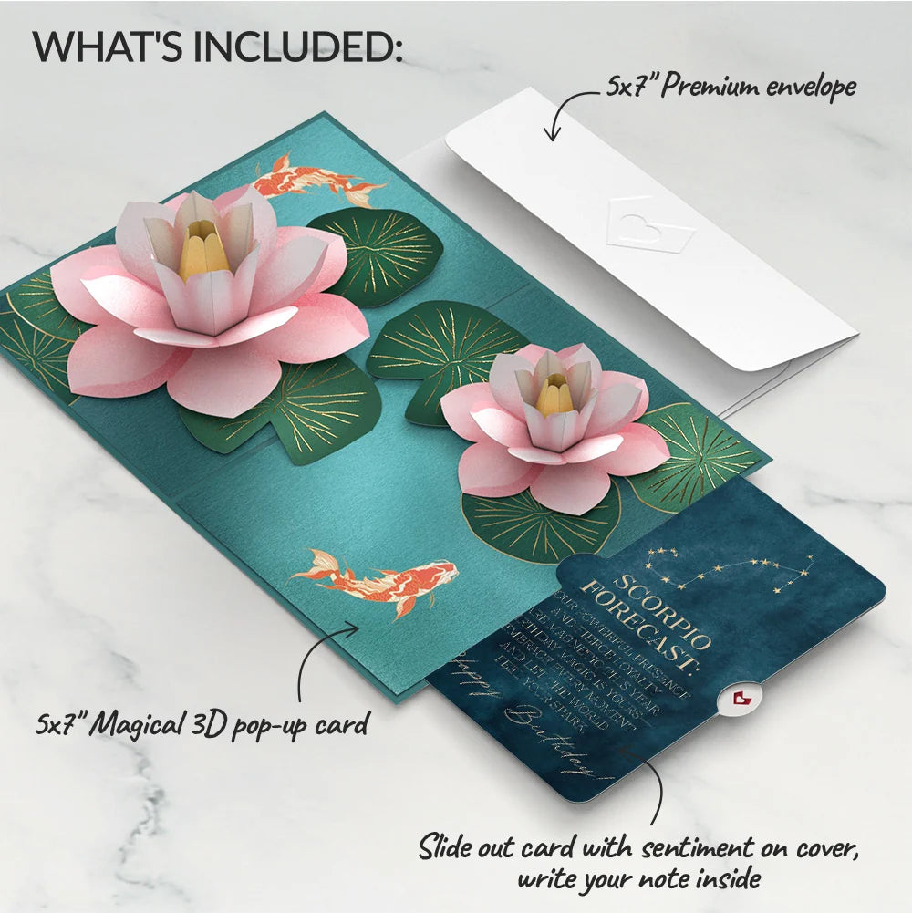 Lovepop Koi Fish and Lotus Pond Birthday Pop-Up Card and Scorpio Zodiac Sentiment Set