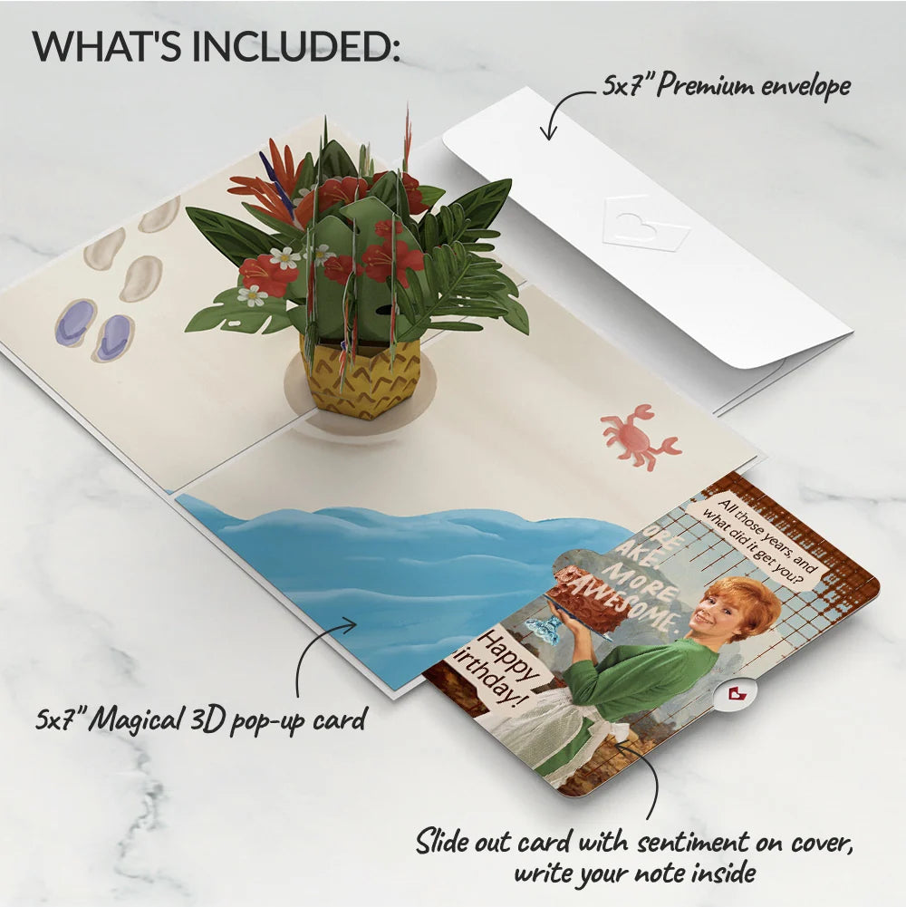 Lovepop Tropical Flower Basket Birthday Pop-Up Card and More Cake More Awesome Sentiment Set