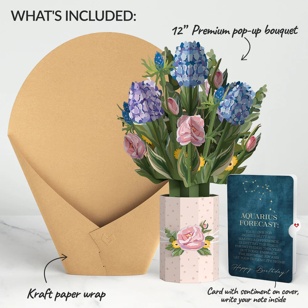Lovepop Hydrangea Birthday Bouquet and Aquarius Zodiac Sentiment Set Vase