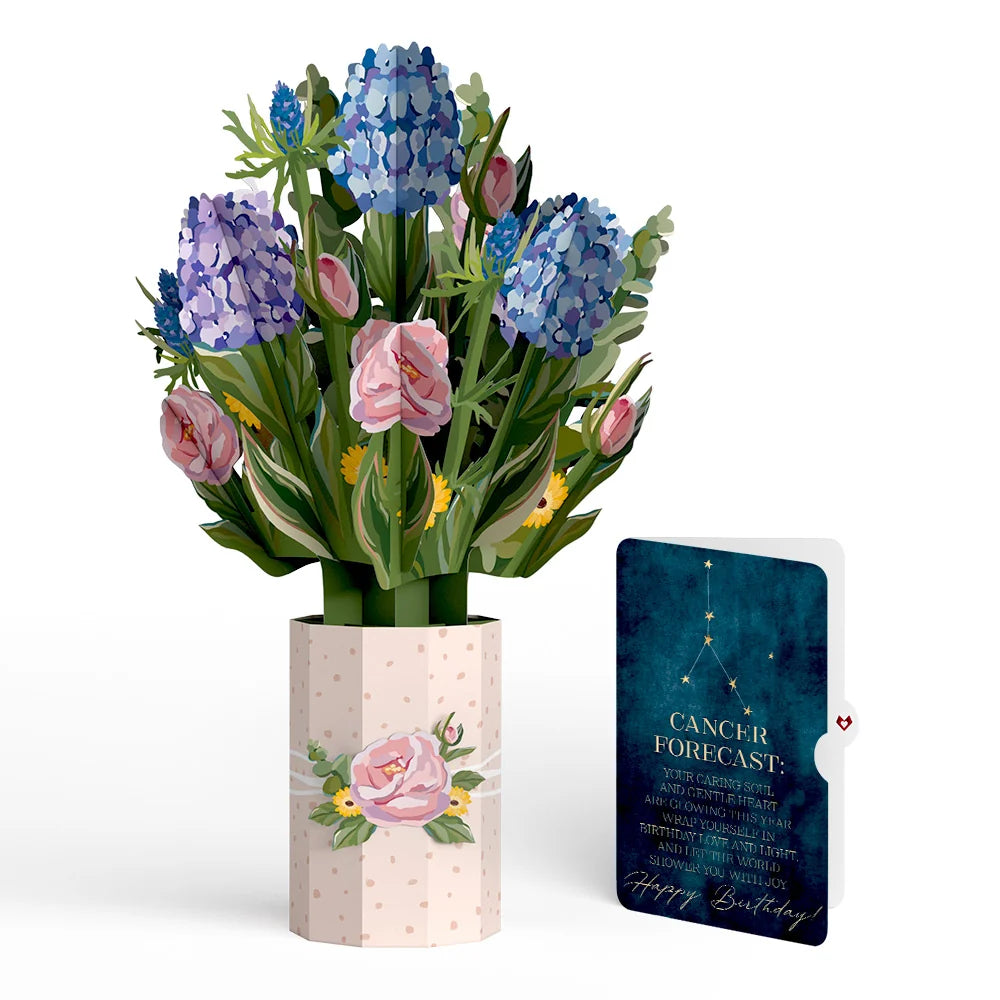 Lovepop Hydrangea Birthday Bouquet and Cancer Zodiac Sentiment Set Vase