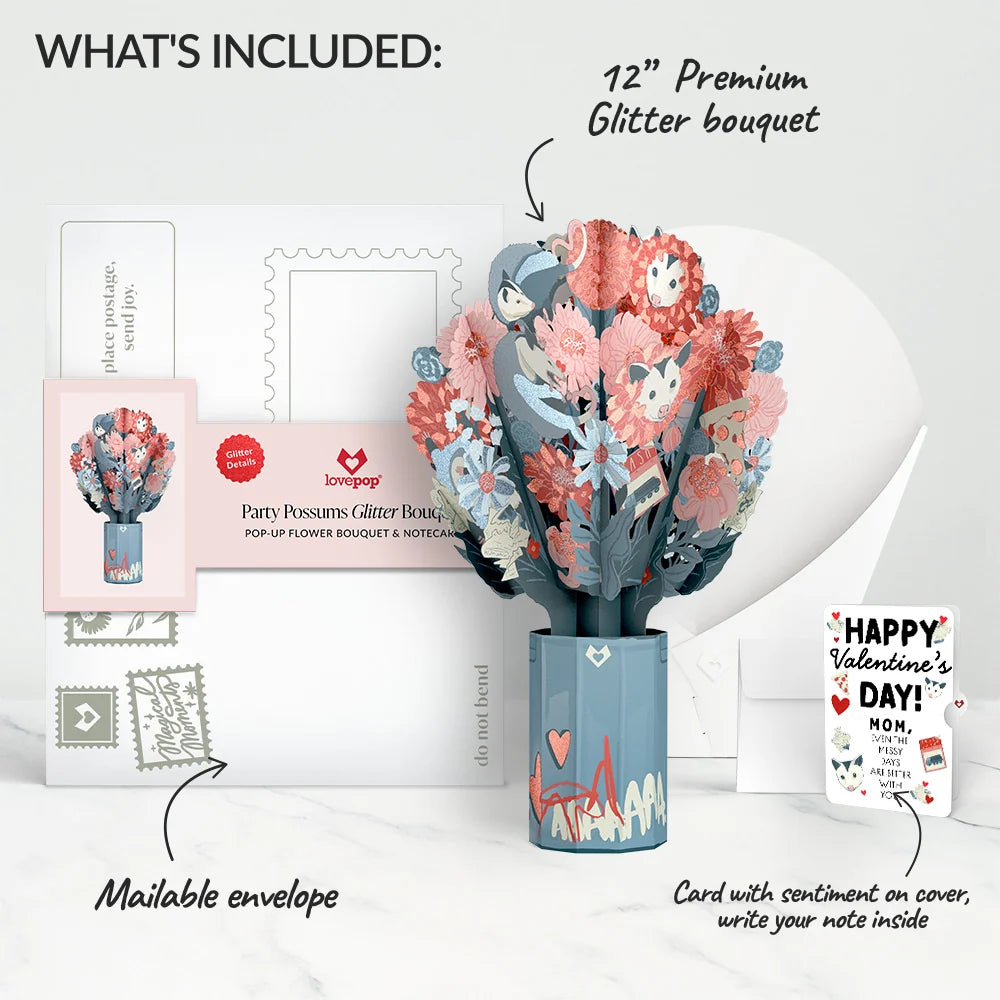 Lovepop Party Possums Valentine Glitter Bouquet and Sentiment Set for Mom Vase