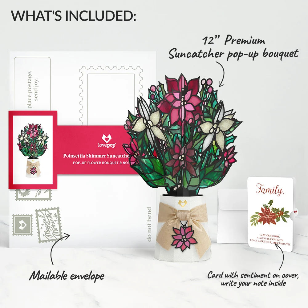 Lovepop Poinsettia Shimmer Christmas Suncatcher Bouquet and Blooming Love Sentiment Set for Family Glass
