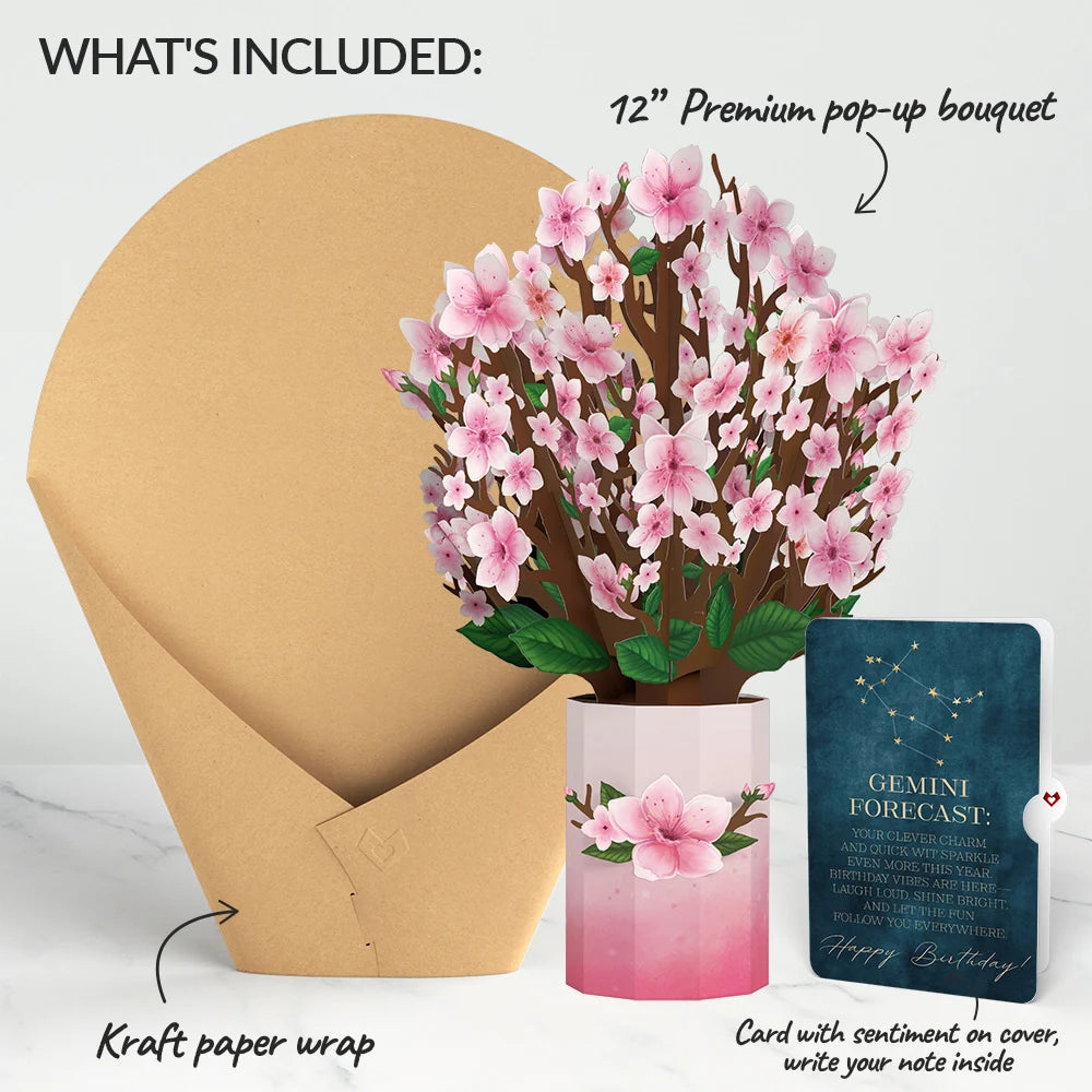 Lovepop Cherry Blossom Birthday Bouquet and Gemini Zodiac Sentiment Set Vase