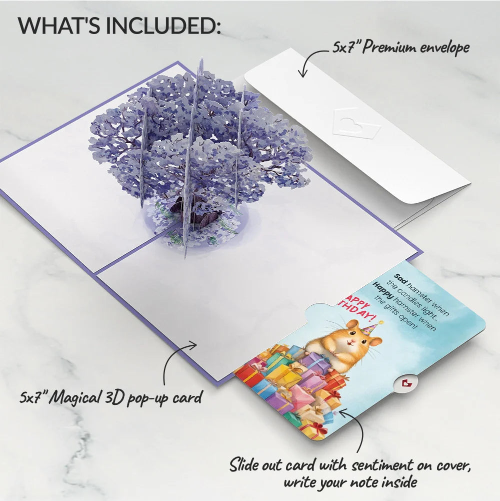 Lovepop Watercolor Jacaranda Tree Birthday Pop-Up Card and Happy Hamster Sentiment Set Candle