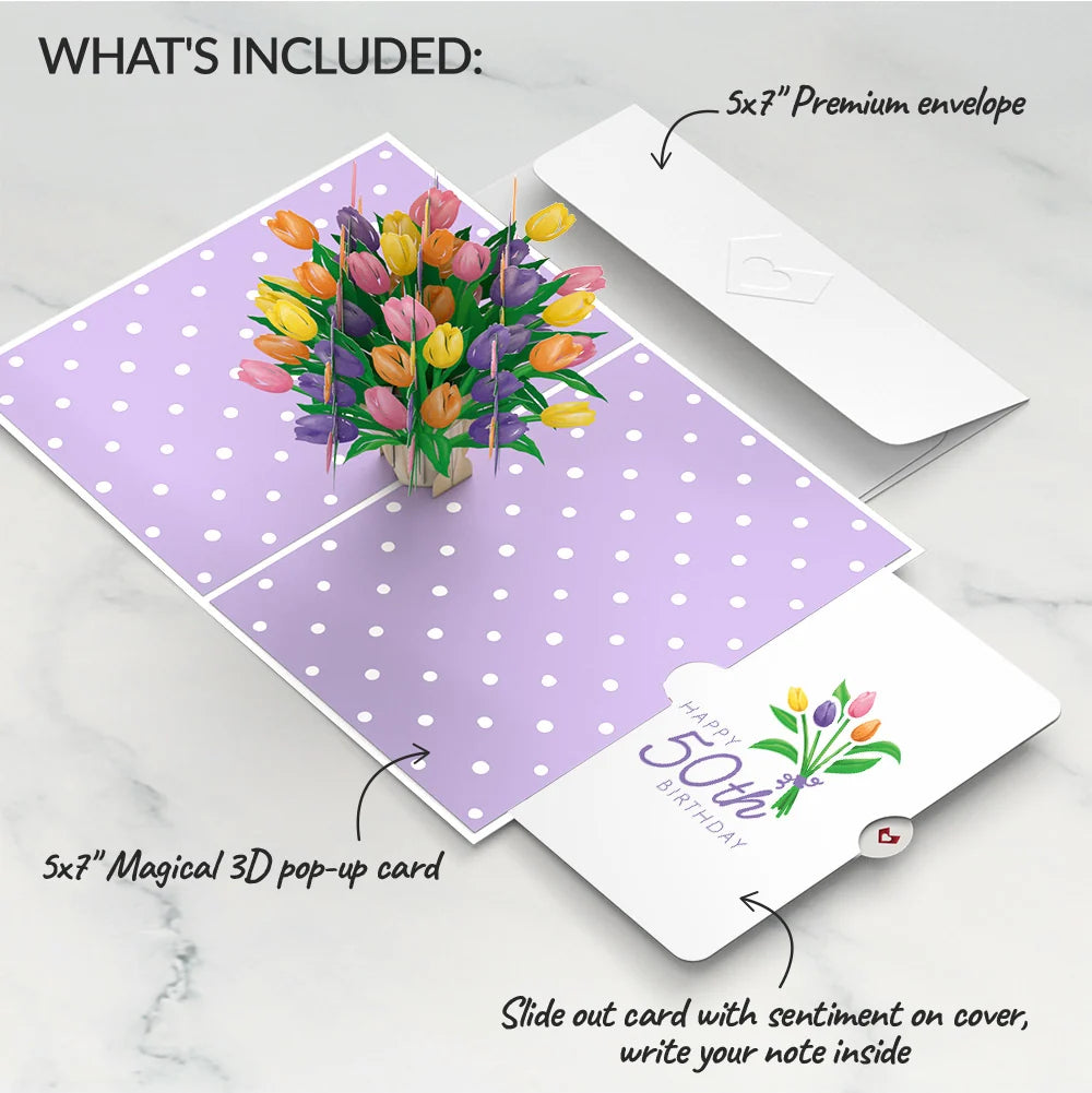 Lovepop Tulips 50th Birthday Pop-Up Card and Spring Tulips Sentiment Set Vase