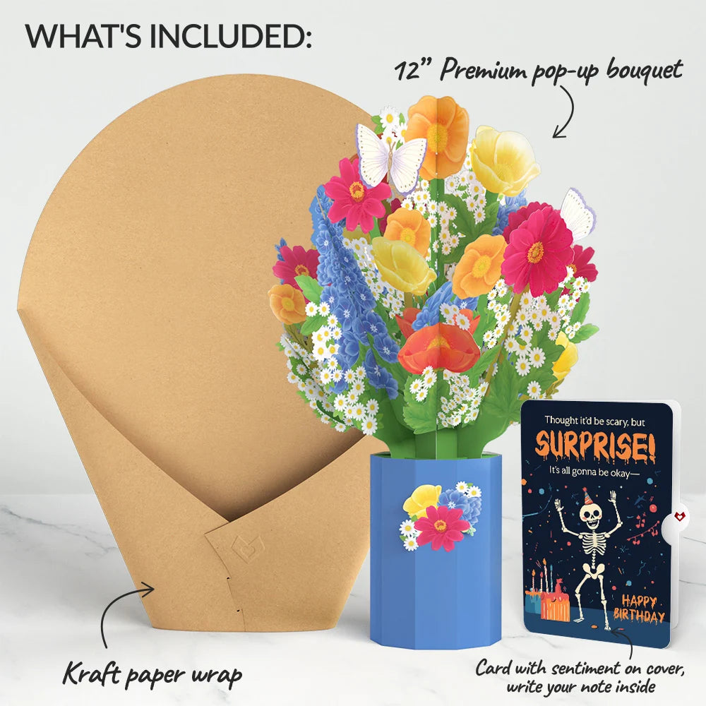 Lovepop Wildflower Birthday Bouquet and Surprise Skeleton Sentiment Set Vase
