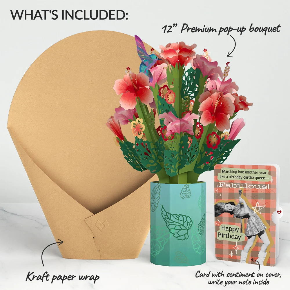 Lovepop Hibiscus Birthday Bouquet and Cardio Queen Sentiment Set Vase
