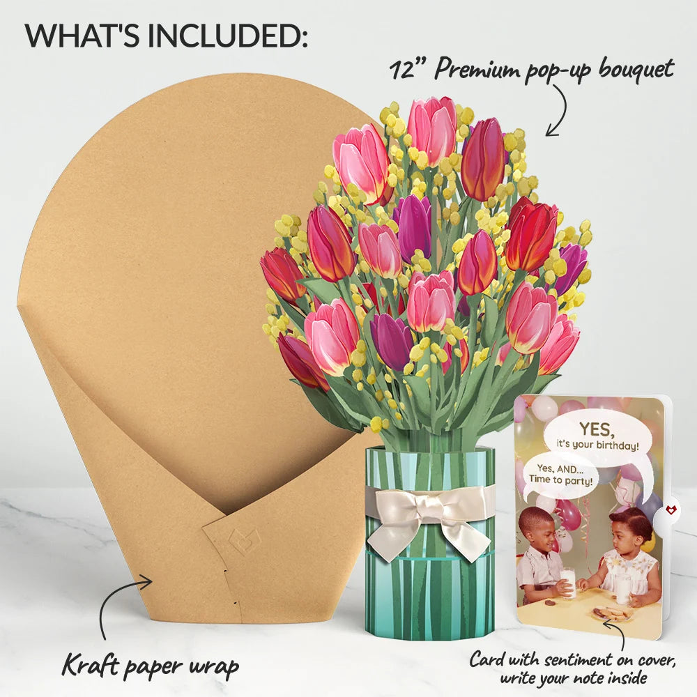 Lovepop Cheerful Tulips Birthday Bouquet and Time to Party Sentiment Set Vase