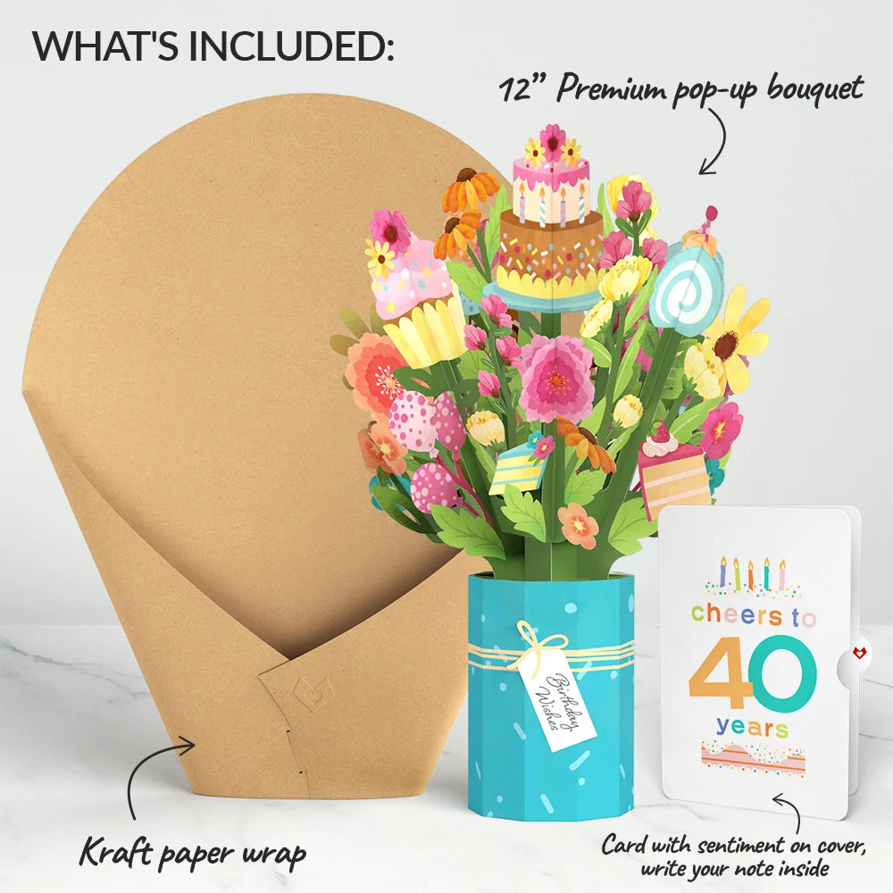 Lovepop Sweet 40th Birthday Wishes Bouquet and Confetti Cake Sentiment Set Vase