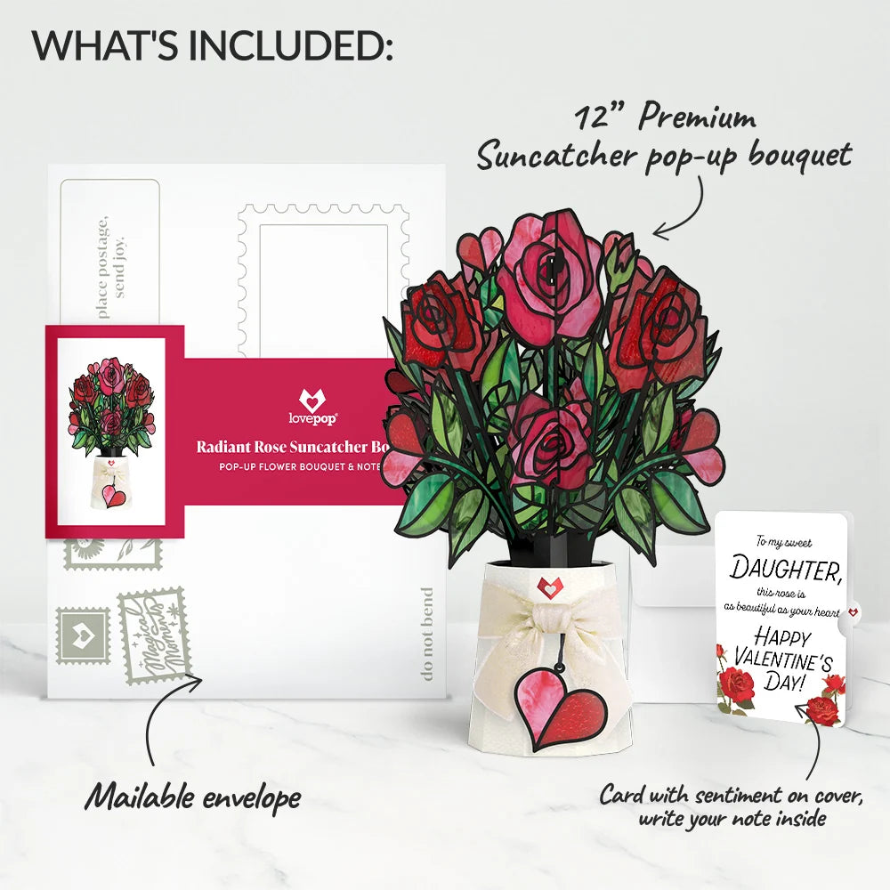 Lovepop Radiant Rose Valentine Suncatcher Bouquet and Sentiment Set for Daughter Glass