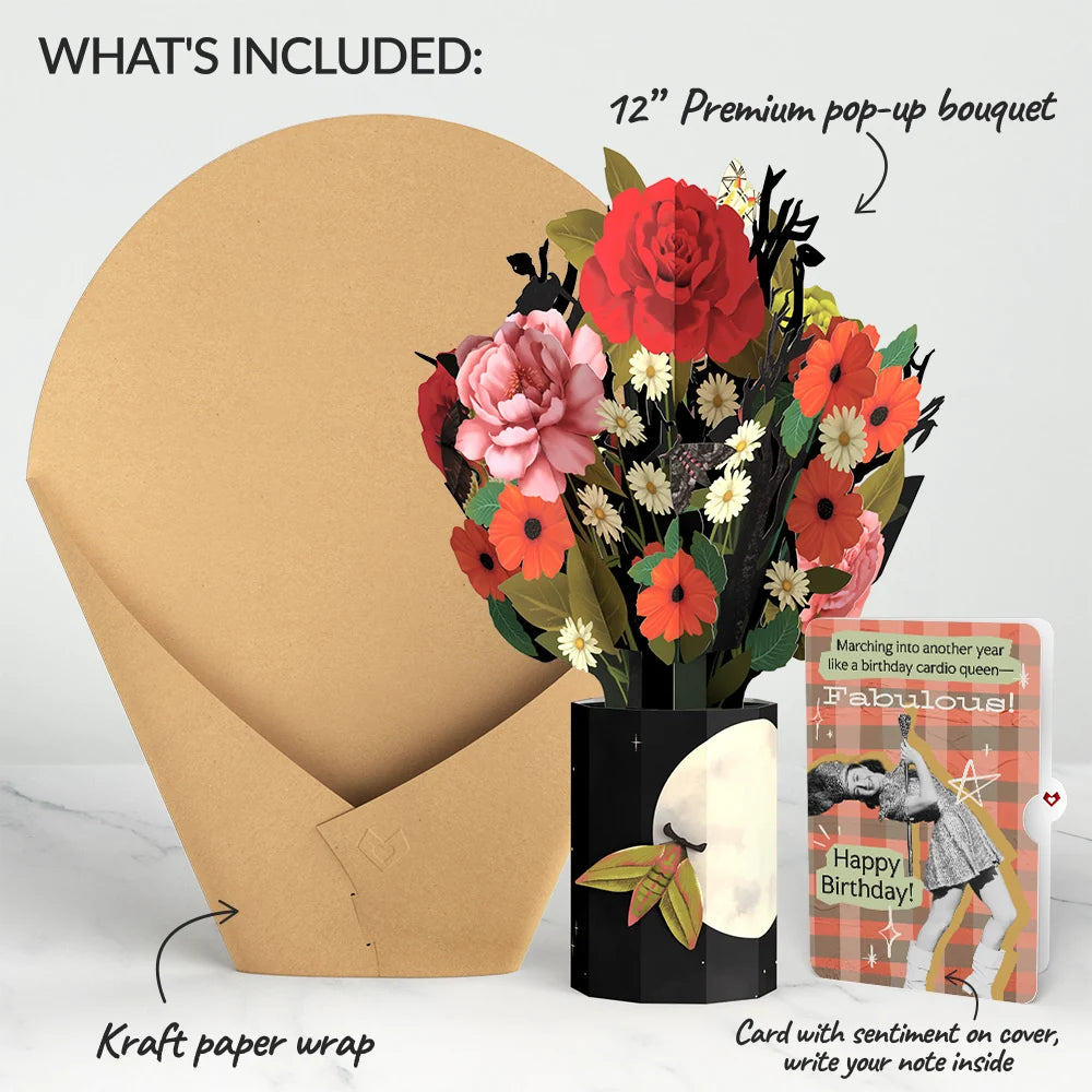 Lovepop Midnight Florals Birthday Bouquet and Cardio Queen Sentiment Set Vase