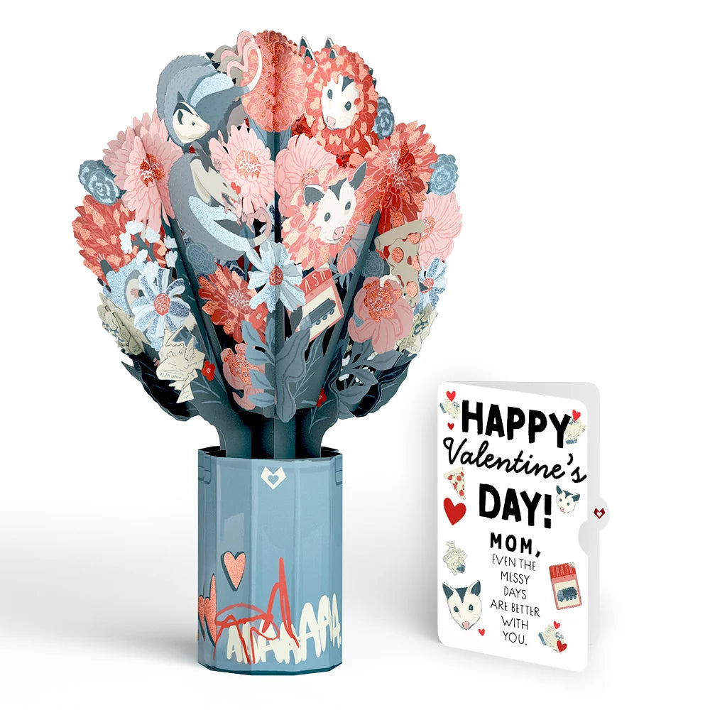 Lovepop Party Possums Valentine Glitter Bouquet and Sentiment Set for Mom Vase