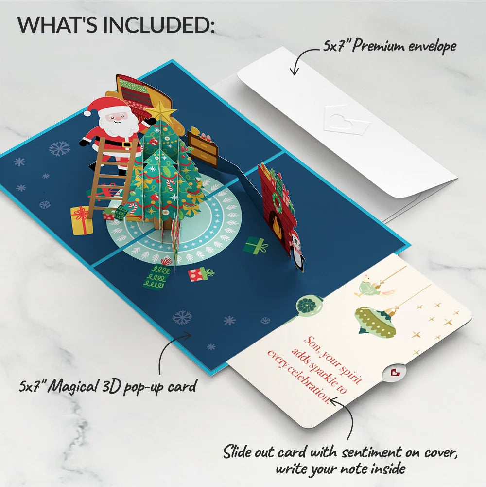 Lovepop Santa Decorating a Christmas Tree Pop-Up Card and Sentiment Set for Son Cream