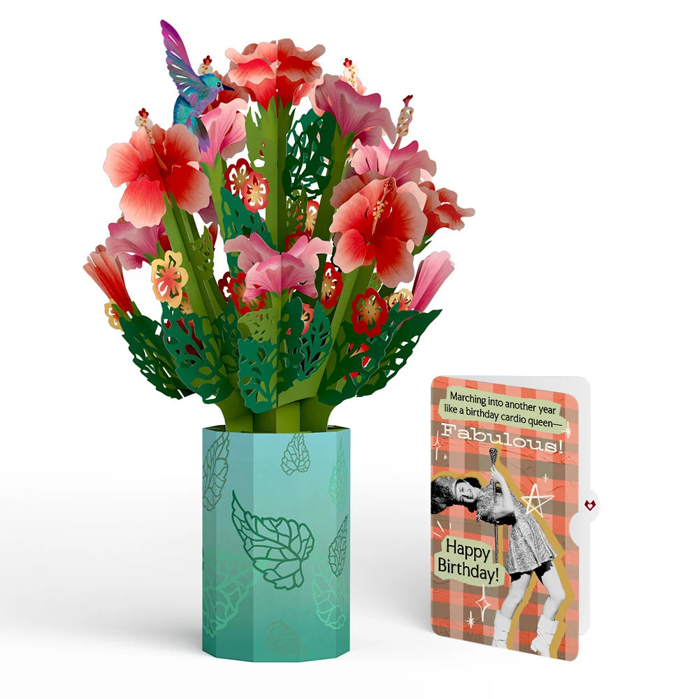 Lovepop Hibiscus Birthday Bouquet and Cardio Queen Sentiment Set Vase