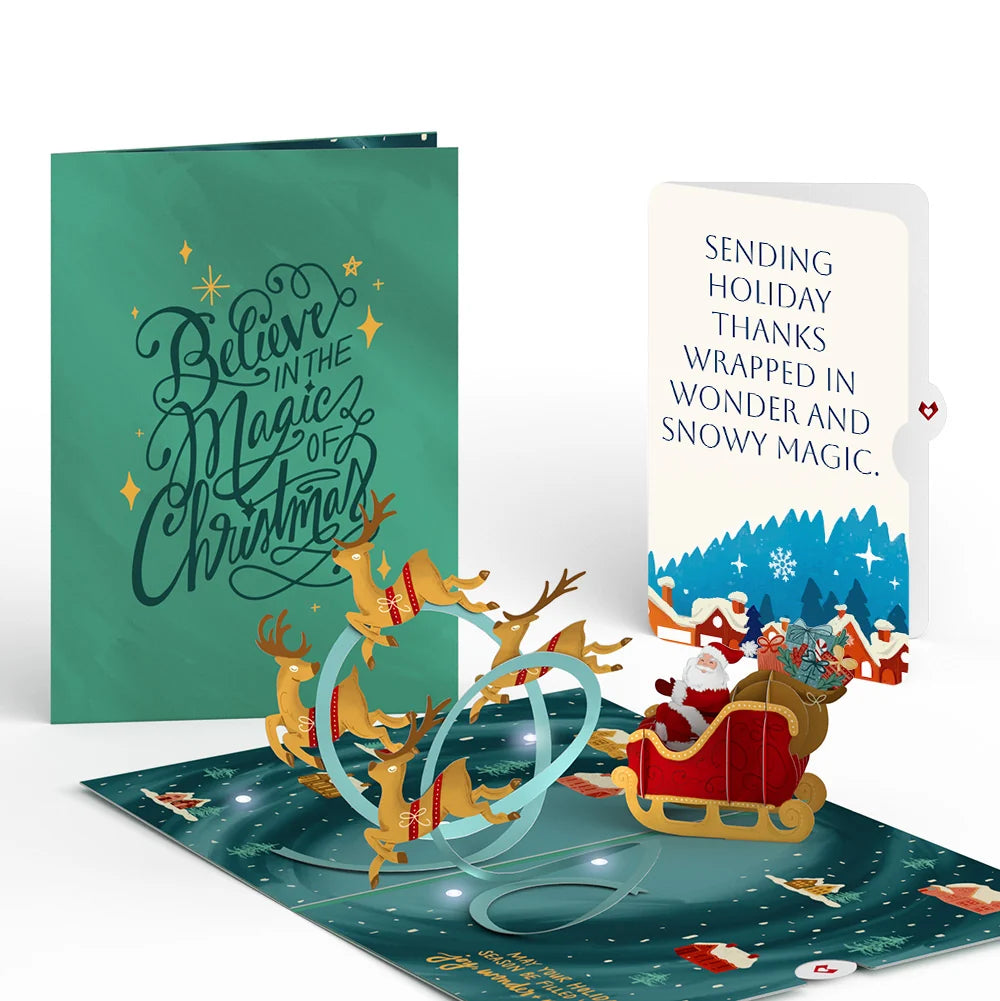 Lovepop Magic of Christmas Santa’s Sleigh Light-Up Pop-Up Card and Snowy Magic Thank You Sentiment Set Cream
