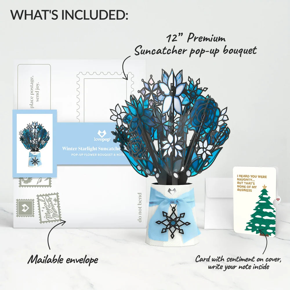 Lovepop Winter Starlight Suncatcher Bouquet and Funny Christmas Tree Sentiment Set Glass
