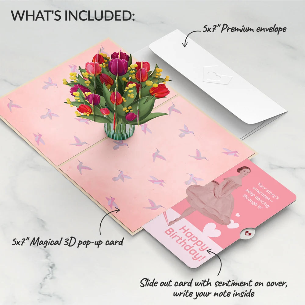 Lovepop Cheerful Tulips Birthday Pop-Up Card and Dancing Through Life Sentiment Set Glass