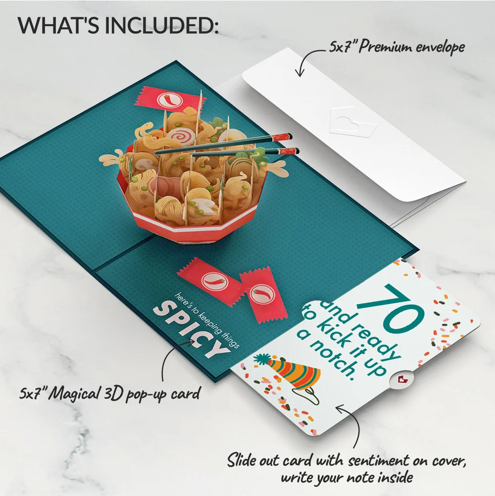 Lovepop Send Noods Spicy Birthday Pop-Up Card and 70th Kick It Up Sentiment Set Bowl