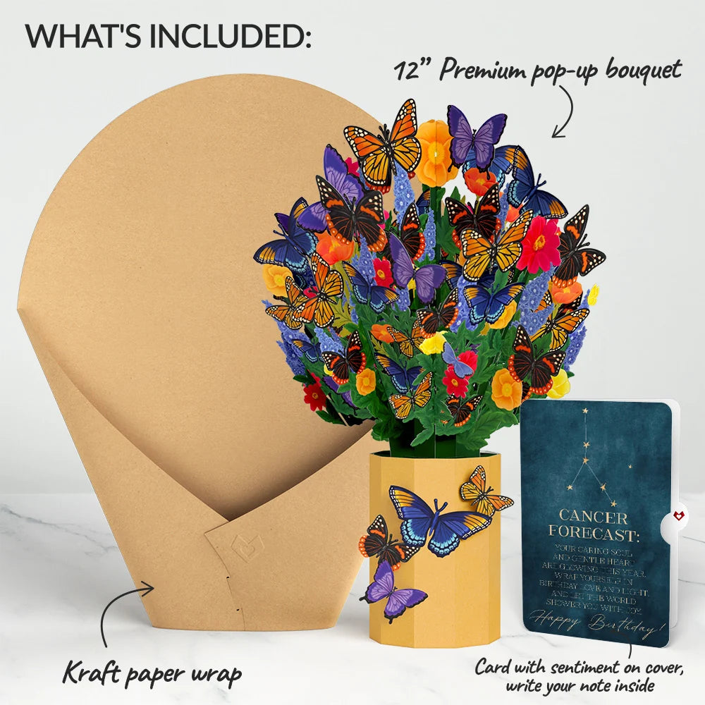 Lovepop Brilliant Butterfly Birthday Bouquet and Cancer Zodiac Sentiment Set Vase