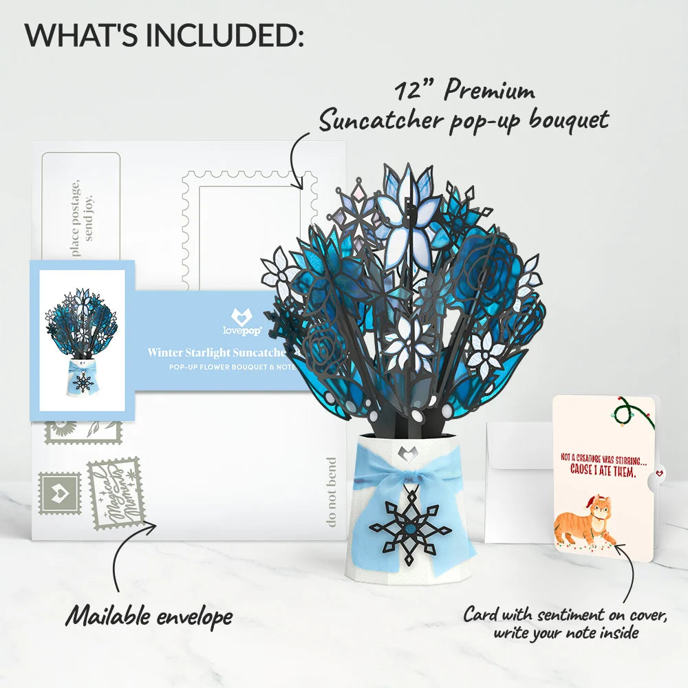 Lovepop Winter Starlight Suncatcher Bouquet and Hungry Cat Christmas Sentiment Set Glass